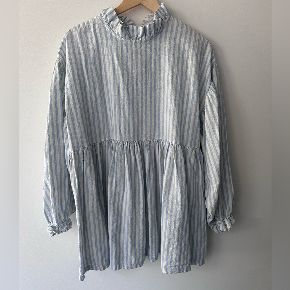 Blue and White Striped Ruffled Yoke Blouse
